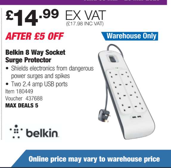 Belkin 8 Way Socket Surge Protector - £17.98 instore @ Costco