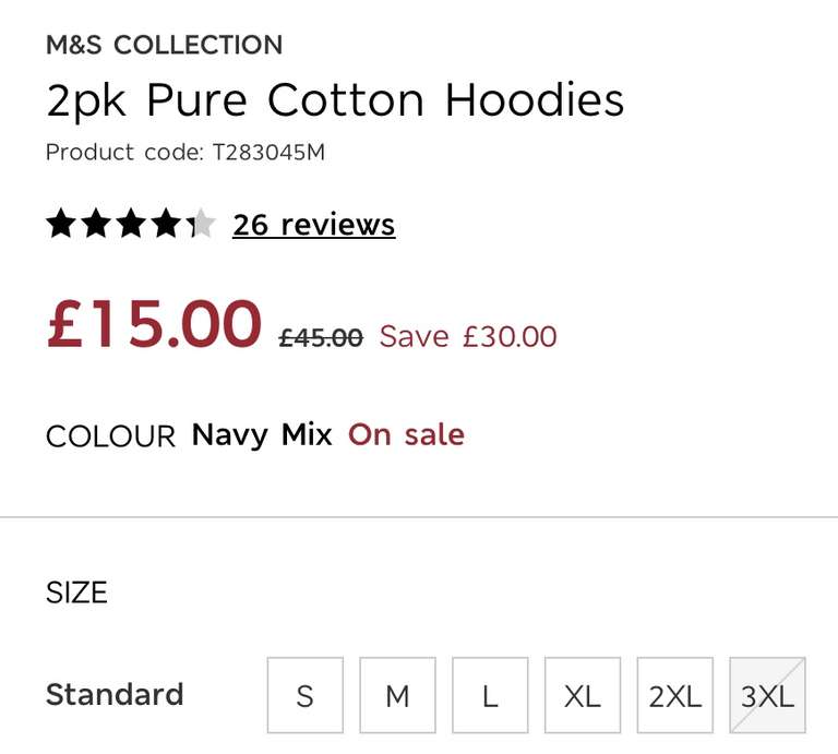 Men’s 2pk Pure Cotton Hoodies sizes S to 2XL - £15 with free store collection @ Marks & Spencer