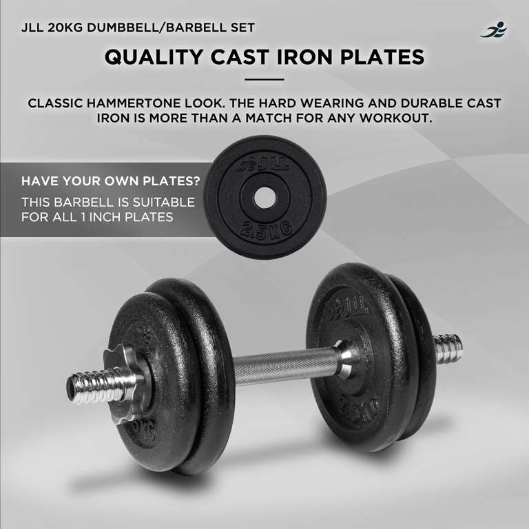 JLL 20kg Cast Iron Dumbbell & Barbell Set, Sold & Dispatched By JLL Fitness Ltd (UK Mainland)