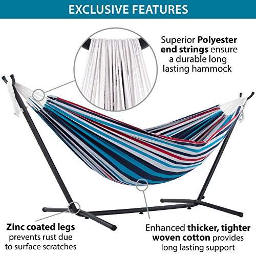 Vivere, Denim Double Cotton Hammock with Space-Saving Steel Stand including Carrying Bag