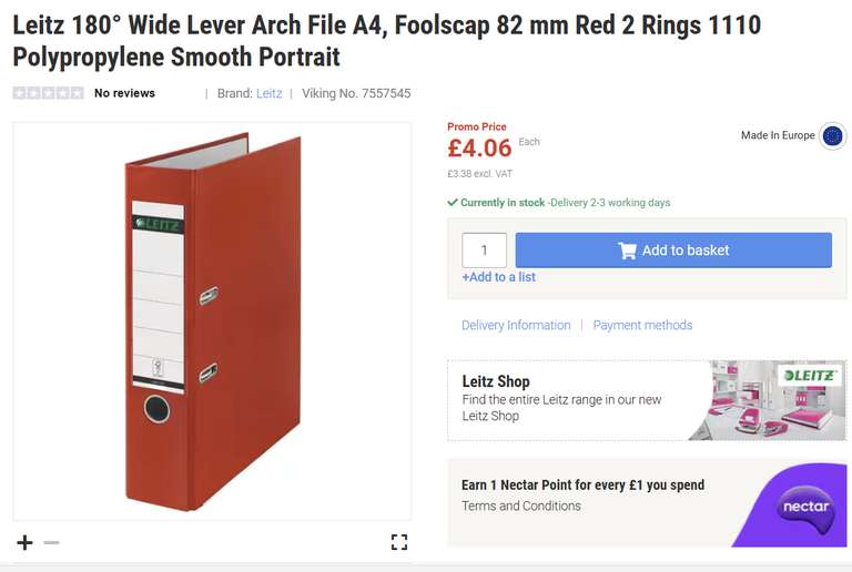 Leitz 180° Wide Lever Arch File A4 Foolscap 82mm Red 2 Rings 1110 ...