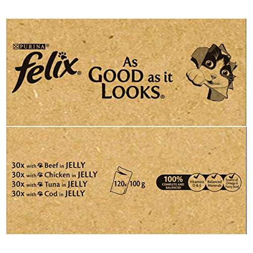 Felix As Good As It Looks Adult Wet Cat Food Mixed in Jelly Beef, Cod, Tuna and Chicken 120 x 100g Pouches £31.79 (Prime Exclusive) @ Amazon