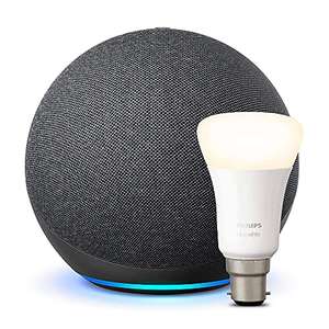 Amazon (Large) Echo (4th generation - Note: NOT the smaller Echo Dot) + FREE Philips Hue White Smart Bulb | Alexa