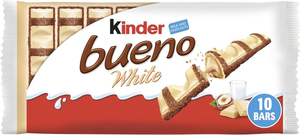 Kinder Bueno White Chocolate Bars Multipack - Crispy Wafer with Creamy Hazelnut Filling & Cocoa Meringue - 5 Packs
