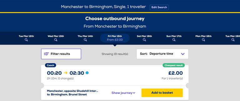 Tickets for £2 + £1 booking fee , unlocking discounted fares on select Megabus routes e.g. Manchester - Birmingham 15th March