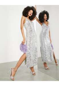 ASOS EDITION all over sequin column cami midi dress in silver w/code
