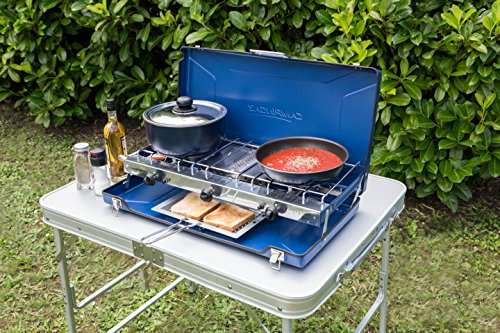 Campingaz Chef Folding Double Burner Stove and Grill, compact gas cooker for camping or festivals, Blue