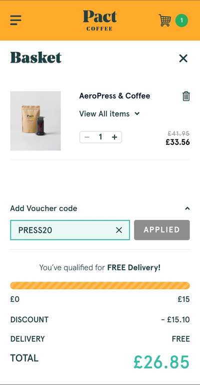 AeroPress & Coffee £26.85 with code from Pact Coffee