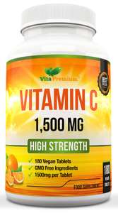 Vitamin C 1500mg per Tablet, High Strength 180 Vegan Tablets, Food Supplement, 6 Month Supply (£7.22 with S&S) Sold by VitaPremium FBA