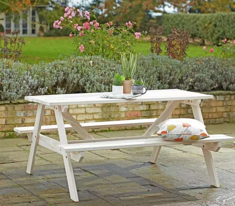 4 Seater Wooden Picnic Bench, White - W/code (Free C&C)