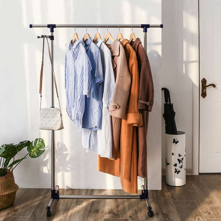 SONGMICS Adjustable Garment Coat Rack, Hanging Rail Clothes Stand with Casters, Blue LLR01L,150 x 44 x 165 cm