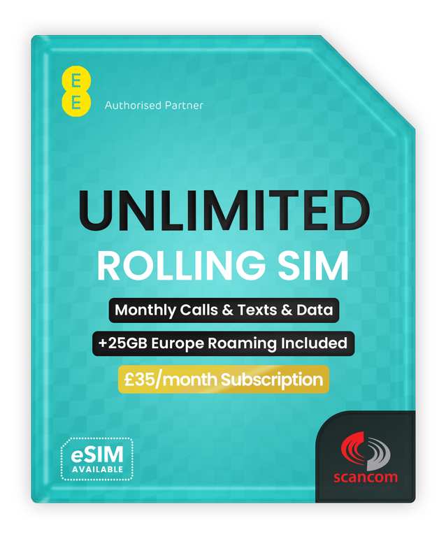 EE Monthly Rolling Business SIM: 1000GB Data, Unlimited Calls/Text + 25GB EU Roaming w/code