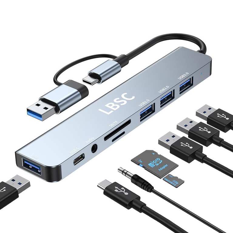 LBSC USB C 3.0 Hub, 8 in 1 USB Splitter 1xUSB 3.0 3xUSB 2.0 1xUSB C, SD/TF Reader, 3.5mm Jack - Sold by LBSC-UK /FBA