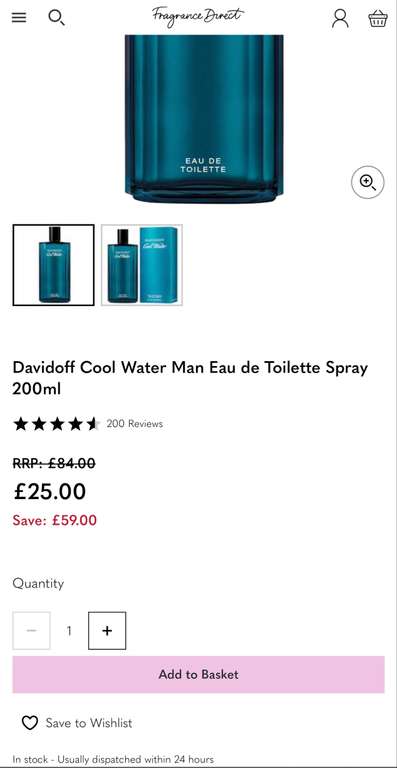 Davidoff Cool Water Man Eau de Toilette Spray 200ml £25 @ Fragrance Direct