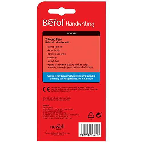 Berol Handwriting Pens, Round Shape, Washable Blue Ink, Bright Barrels, 2 Count - 50p / 48p subscribe & save @ Amazon