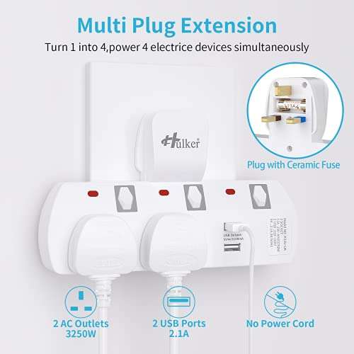 Hulker Plug Extension, Multi Plug Socket Extensions 2 Way with 2 USB w/discount - BEKHOM GLOBAL FBA