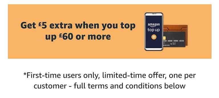 Get £5 Extra When You Top Up Gift Card With £60 Or More (First time users, one per customer) @ Amazon