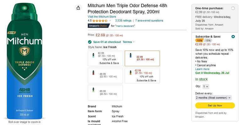Mitchum Men Triple Odor Defense 48h Protection Deodorant Spray 200ml With Voucher (£1.69/£1.54 S&S)