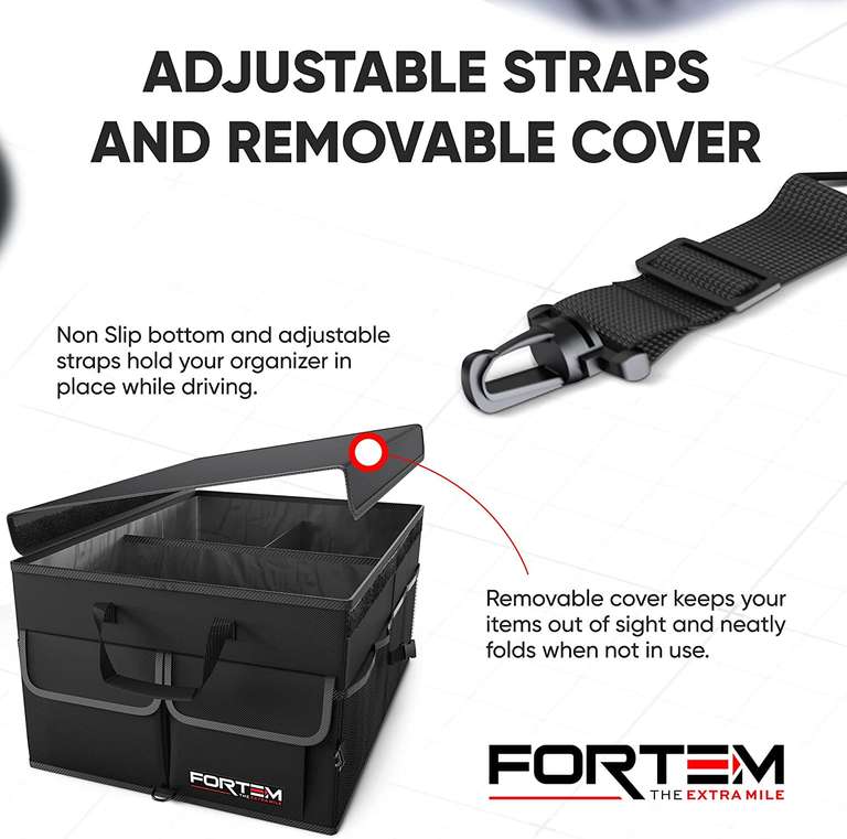 FORTEM Car Boot Organiser, Storage Accessories, Collapsible Multi Compartment, Non Slip Bottom, Adjustable Securing Straps by Fortem FBA