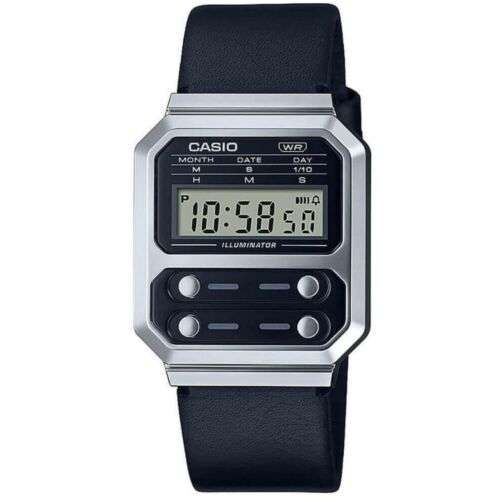 Casio Vintage Quartz Black Strap Silver Case Unisex Watch A100WEL-1AEF, Sold By watchnationshopltd