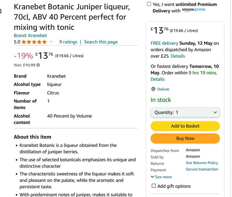 Kranebet Botanic Juniper liqueur (Gin) 70cl 40%