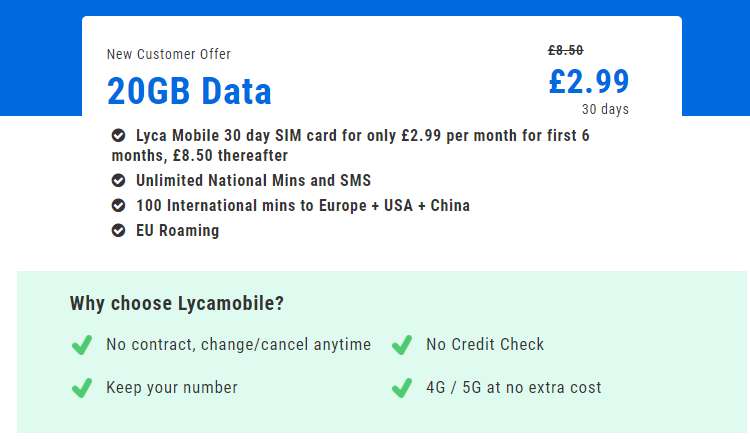 Sim Only 5G, 20GB EE Network Data + Unlimited Minutes / Texts + EU Roaming (5GB Cap) - £2.99 For First 6 Months