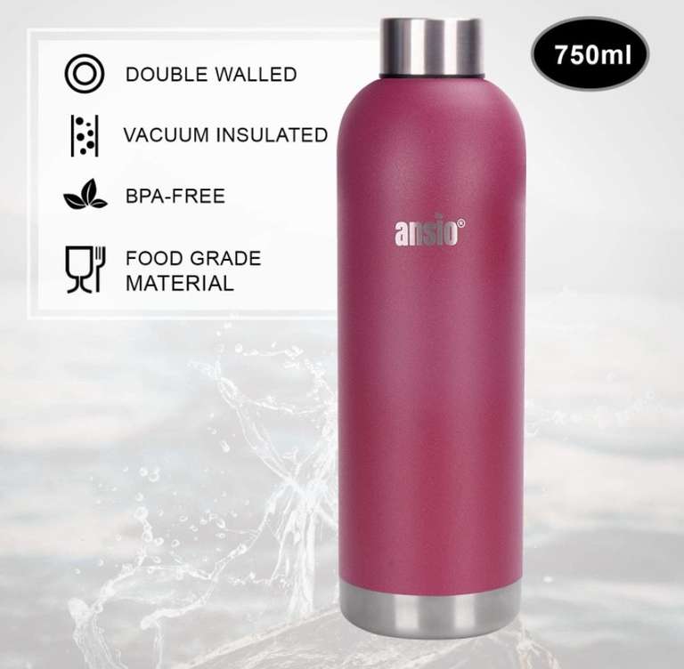Double walled water bottle, 750ml only £4.46 after £4 voucher (Prime Exclusive) @ Dispatches from Amazon Sold by ANSIO Direct