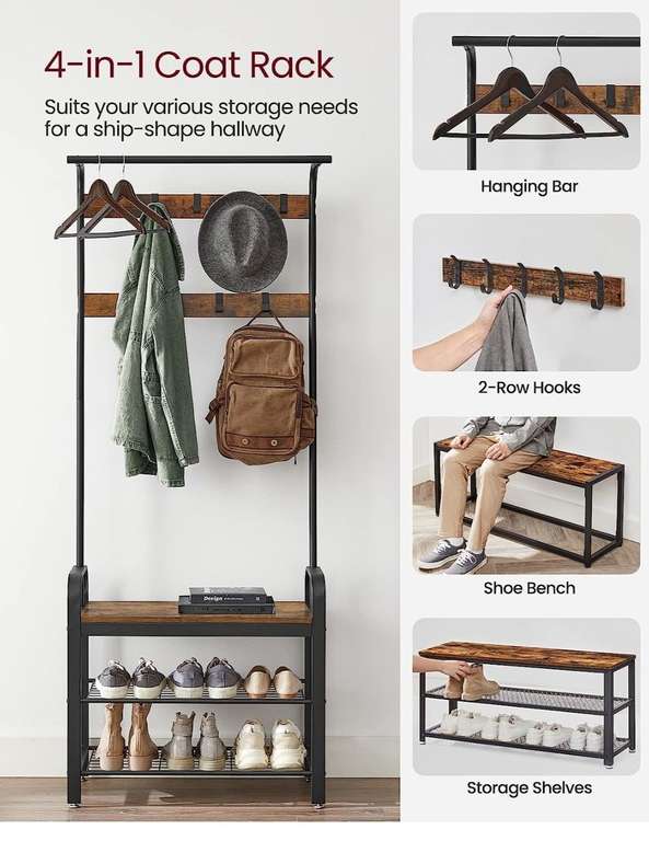 VASAGLE Coat Rack with Shoe Storage Bench, 4-in-1 Design - £40.37 at checkout with Voucher - Sold by Songmics / fulfilled By Amazon