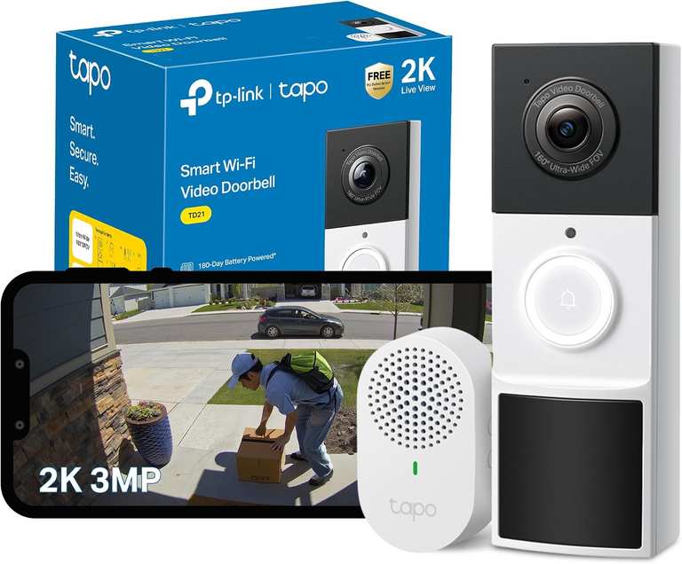 Tapo TD21 2K 3MP Battery Doorbell Camera Wireless, Colour Night, IP65 Ring Chime