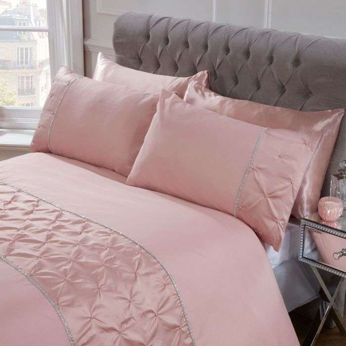 Sienna Satin Pintuck Diamante Band Duvet Cover Set in Blush Pink from £11.95 delivered @ OnlineHomeShop