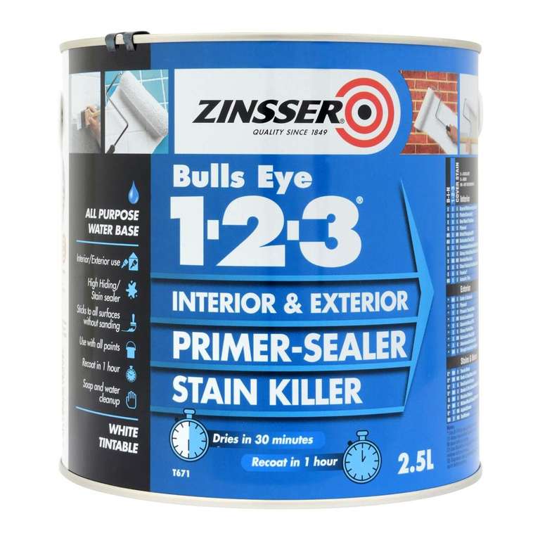 Zinsser Bulls Eye 123 Primer Sealer Stain Killer 2.5L / 5L £56.44 - Free C&C