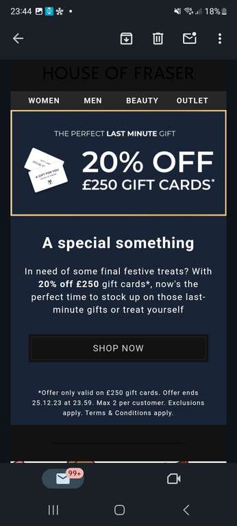 20% off £250 Giftcards at House of Fraser