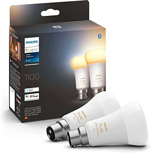 Philips Hue White Ambiance Smart Bulb Twin Pack LED [B22 Bayonet Cap] - 1100 Lumens £32.64 @ Amazon