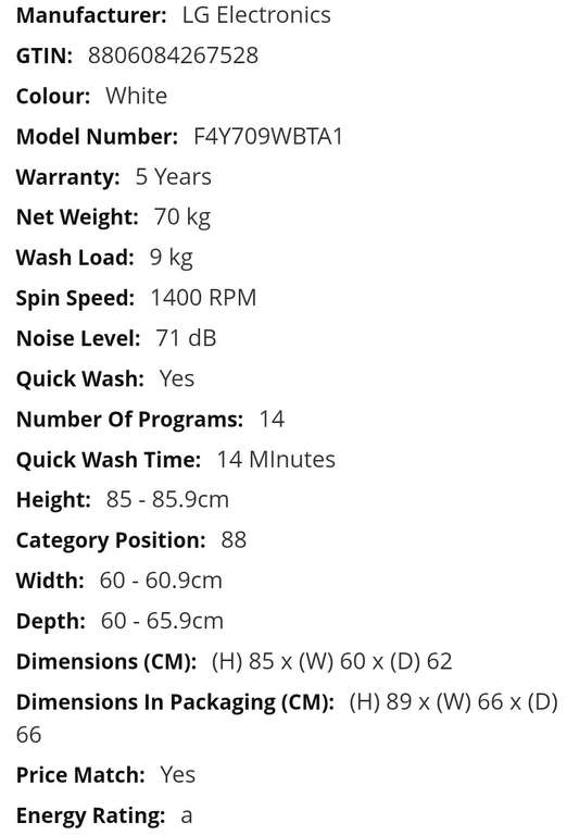 LG Electronics F4Y709WBTA1 9kg Washing Machine
