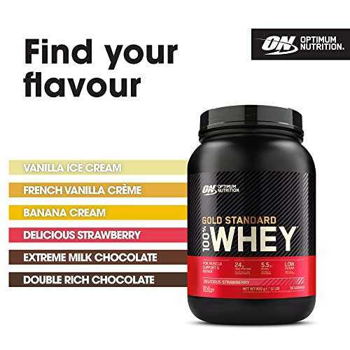 Optimum Nutrition Gold Standard 100% Whey Muscle Building,Strawberry Flavour, 30 Servings, 900 g