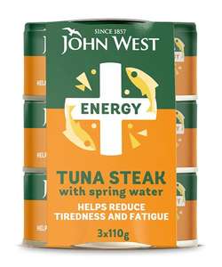 John West Energy No Drain Tuna Steak with Springwater (With Added Vitamins B6/B12) 3 X 110g - £3 (From £2.55 on Subscribe & Save) @ Amazon