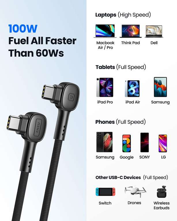 INIU USB C 90° Degree [2+2+0.5m] Type C Cable 3.1A QC Fast Charging, Nylon Braided (with coupon) @ TopStar GETIHU Accessory / FBA