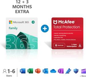Microsoft 365 Family (15-Month) + McAfee Total Protection (12-Month) Subscriptions | Up to 6 People