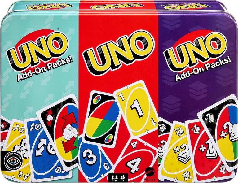 Mattel Games UNO Card Game with 2 Add On Packs with Storage Tin