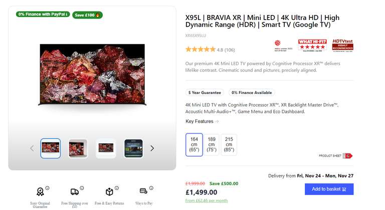 Sony XR65X95LU BRAVIA XR 65inch X95L Mini LED | 4K Ultra HD | High Dynamic Range (HDR) | Smart TV (Google TV)