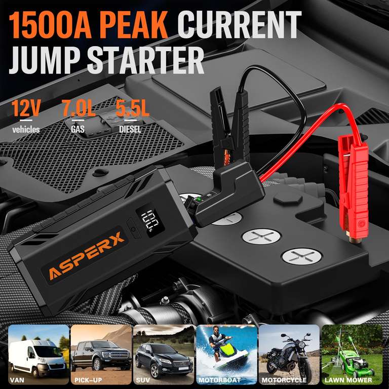 ASPERX Jump Starter Power Pack 1500A (Up to 7L Gas/5.5L Diesel) w/ Jump Leads,LED Flashlight &1.4 INCH LCD Display By JIAHONGJING STORE FBA