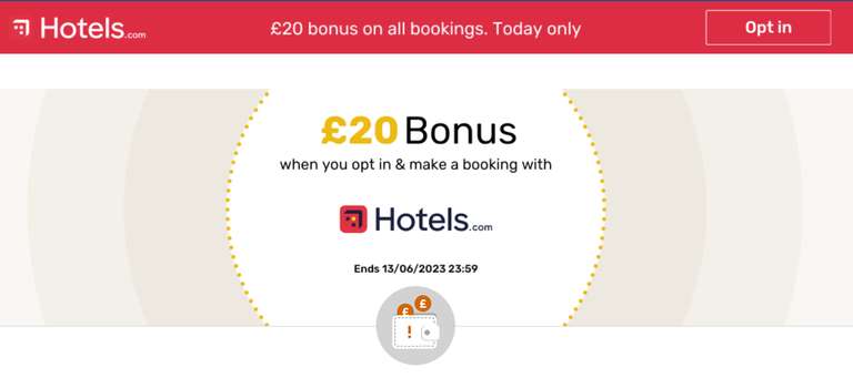 £20 Opt In Bonus on Quidco if you make a purchase at Hotels.com on 13 June