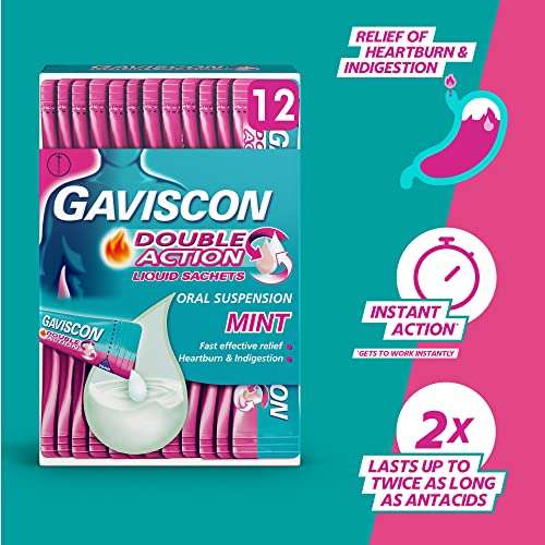 Gaviscon Double Action Heartburn and Indigestion Sachets, Mint Flavour, Pack of 12 / Buy 2 Packs (24)For £5.92