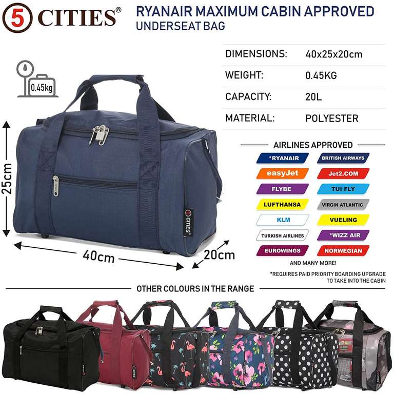 5 Cities (40x20x25cm) Ryanair Maximum Hand Luggage, Under Seat Cabin Holdall – Take The Max On Board £11.99 @ Travel Luggage Cabin
