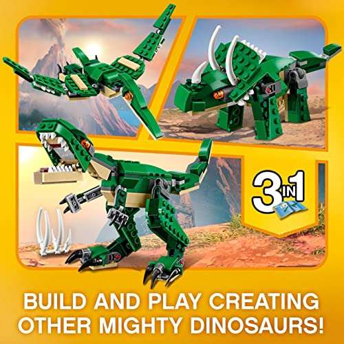 LEGO 31058 Creator Mighty Dinosaurs Toy, 3 in 1 Model, T. rex, Triceratops and Pterodactyl Dinosaur Figures £8.99 @ Amazon