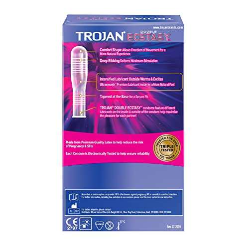 Trojan Double Ecstasy Dual Lubed and Ultra Ribbed Condoms with Premium Quality Latex - Pack of 10