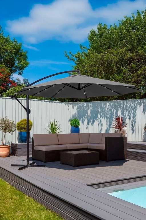 3M Outdoor Freestanding Parasol with LED Lights, Cover & Metal Base - Sold & Delivered by Neo Direct