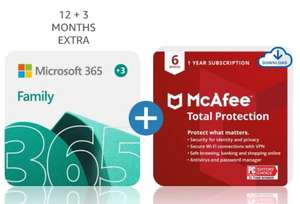 Microsoft 365 Family - 15 Months , 6 TB Cloud Storage ( 1TB x 6 users), Office Apps + McAfee TP - £54.99 ( Eqv. £44 for 12 Mth) @ Amazon