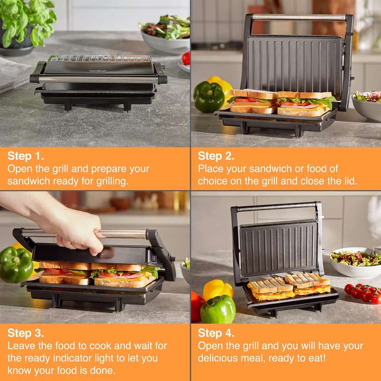 VonShef Panini Press Grill, 1000W, Auto Temperature Control, Easy Clean, Stainless Steel Sold & Fulfilled By VonHaus UK