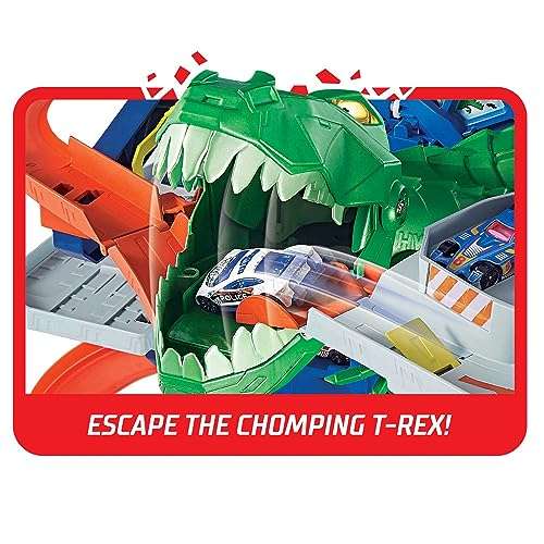 Hot Wheels (City Playset) Ultimate Garage Track Set with 2 Toy Cars, Multi-Level Side-by-Side Racetrack, Moving T-Rex & Storage, GJL14